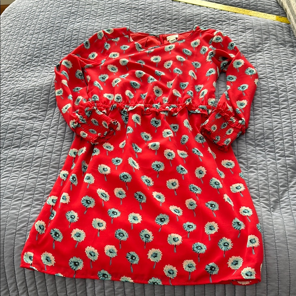 J. Crew Red Dress with Blue Floral Pattern